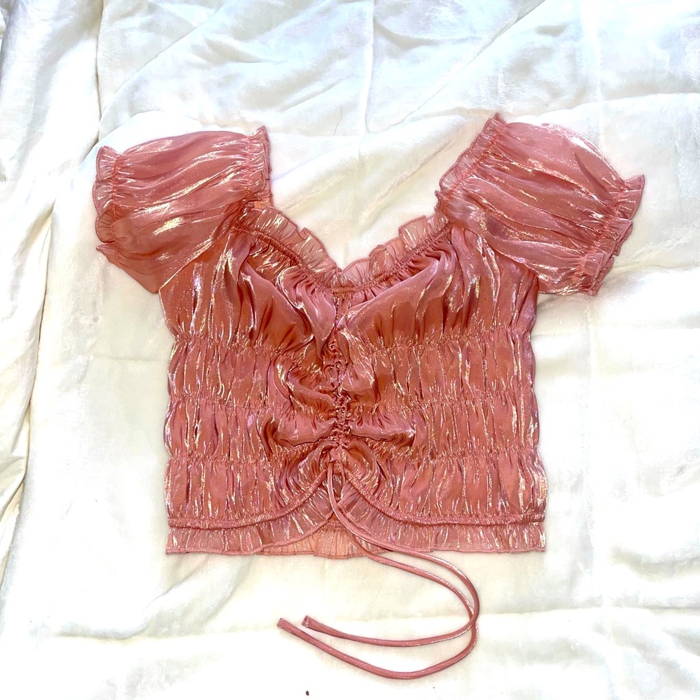 Pink Metallic Rutched Crop Top